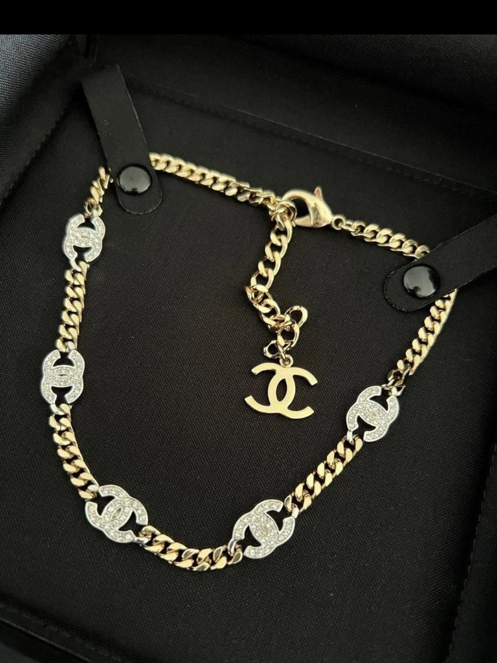 AUTHENTIC CHANEL Gold Chain Necklace with Silver Pavé CC Links